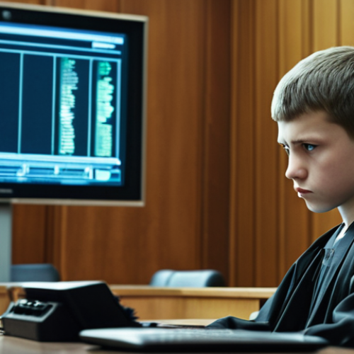 Home 11 **Prompt:** A courtroom scene in Russia. A judge is presiding over a case involving cybercrime. In the foreground, a young hacker is on trial, looking anxious. The background features blurry digital screens with code and hacking symbols. Focus on the tension and legal atmosphere, reflecting the growing concern about cyber threats in Russian society.