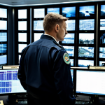 A vigilant, professional security expert, fully clothed in a dark, modest uniform, standing in a high-tech urban control center. The expert is looking at a bank of advanced CCTV monitors displaying real-time data and security camera feeds of a modern, safe city. The image highlights urban security, public safety, and the role of technology in crime prevention. Perfect anatomy, correct proportions, natural pose, well-formed hands, proper finger count, natural body proportions. Professional photography, high quality, safe for work, appropriate content, fully clothed, professional.