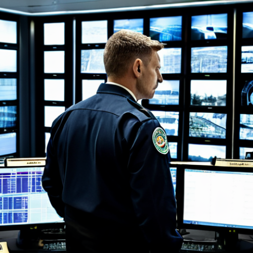 Home 6 A vigilant, professional security expert, fully clothed in a dark, modest uniform, standing in a high-tech urban control center. The expert is looking at a bank of advanced CCTV monitors displaying real-time data and security camera feeds of a modern, safe city. The image highlights urban security, public safety, and the role of technology in crime prevention. Perfect anatomy, correct proportions, natural pose, well-formed hands, proper finger count, natural body proportions. Professional photography, high quality, safe for work, appropriate content, fully clothed, professional.
