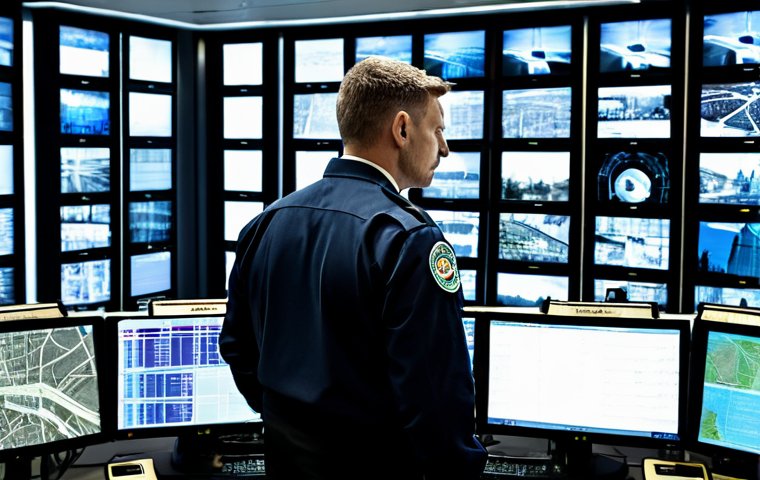 A vigilant, professional security expert, fully clothed in a dark, modest uniform, standing in a high-tech urban control center. The expert is looking at a bank of advanced CCTV monitors displaying real-time data and security camera feeds of a modern, safe city. The image highlights urban security, public safety, and the role of technology in crime prevention. Perfect anatomy, correct proportions, natural pose, well-formed hands, proper finger count, natural body proportions. Professional photography, high quality, safe for work, appropriate content, fully clothed, professional.