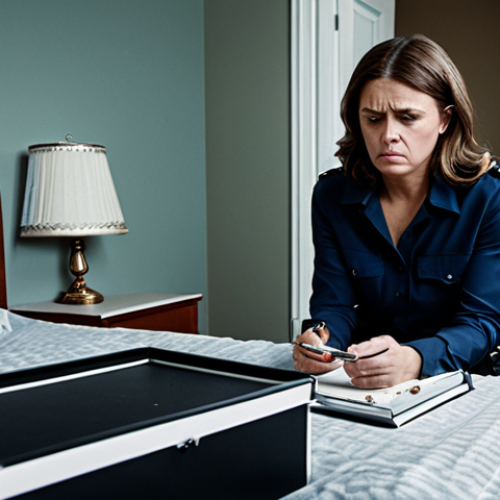 Home 12 Stolen Jewelry**
Prompt: "A distraught woman sitting on her bed, looking at an empty jewelry box. The room is messy, suggesting a robbery. Police officer in the background taking notes. Safe for work, appropriate content, fully clothed. Realistic, high detail, perfect anatomy, correct proportions, family-friendly, professional crime scene photography."
**