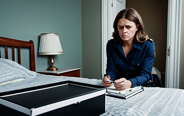 Stolen Jewelry**
Prompt: "A distraught woman sitting on her bed, looking at an empty jewelry box. The room is messy, suggesting a robbery. Police officer in the background taking notes. Safe for work, appropriate content, fully clothed. Realistic, high detail, perfect anatomy, correct proportions, family-friendly, professional crime scene photography."
**
