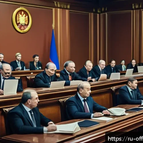 Home 29 성범죄자의 화학적 거세 논란 - A detailed courtroom scene in modern Russia, featuring a diverse group of lawmakers and legal expert...