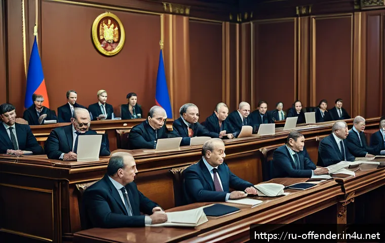 성범죄자의 화학적 거세 논란 - A detailed courtroom scene in modern Russia, featuring a diverse group of lawmakers and legal expert...
