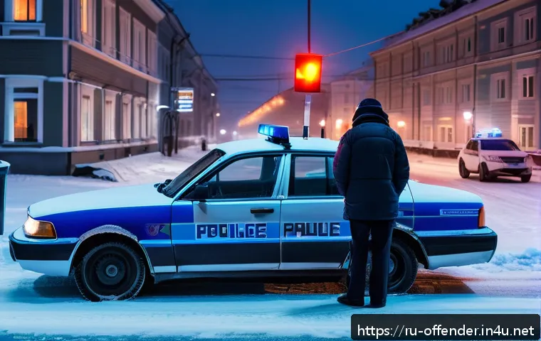 음주운전 가해자의 법적 처벌 기준 - A realistic street scene in a modern Russian city showing a police officer conducting a sobriety che...